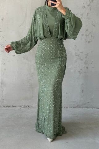 Modern Tasarım Şifon Tesettür Abiye Fıstık Yeşili