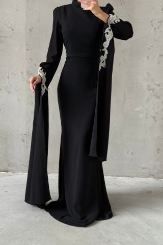 Crepe Fabric Stone Detailed Cape Sleeve Hijab Evening Dress Black