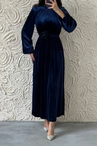 Elegant Velvet Flower Belted Hijab Evening Dress Navy Blue