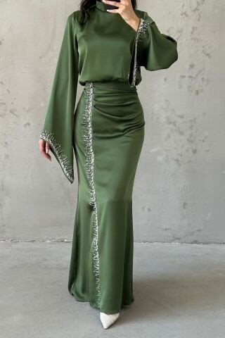 Flowing Sleeve Sparkly Embroidered Satin Hijab Evening Dress Khaki