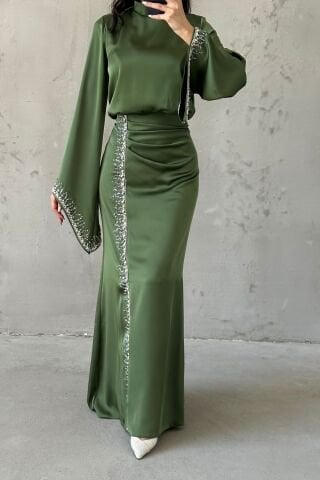Flowing Sleeve Sparkly Embroidered Satin Hijab Evening Dress Khaki