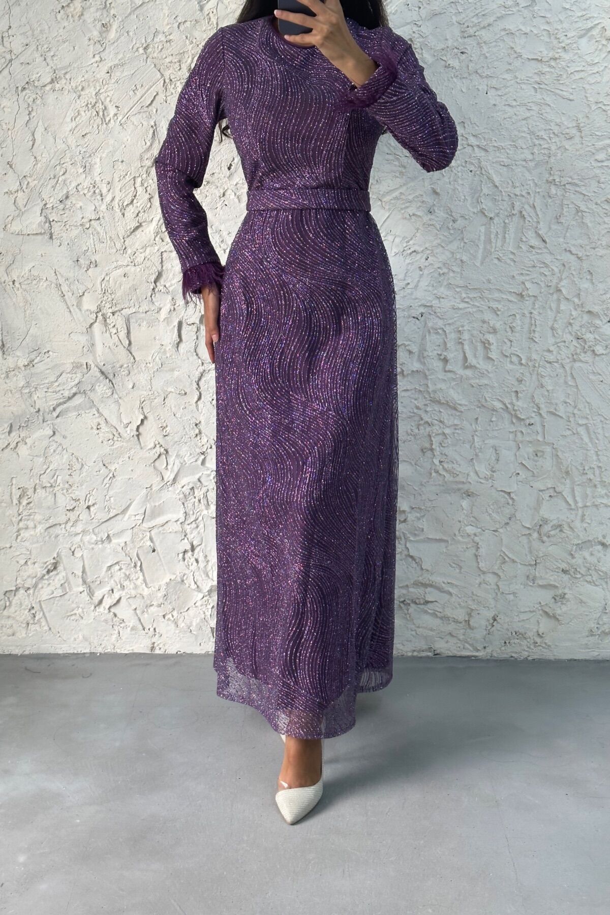 Sim Detaylı Kolu Tüylu Tesettür Abiye Mor