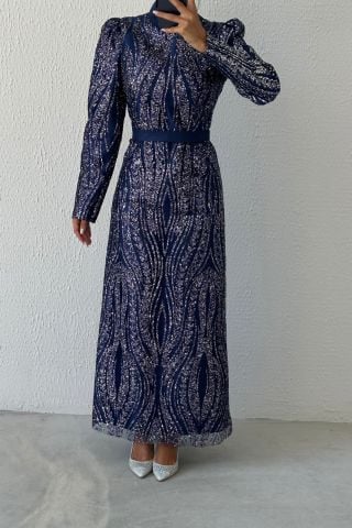 Elegant Sequined Belt Detailed Hijab Evening Dress Navy Blue