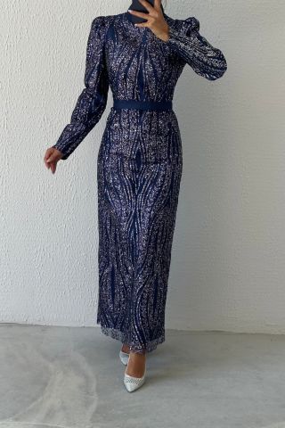 Elegant Sequined Belt Detailed Hijab Evening Dress Navy Blue