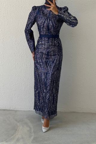 Elegant Sequined Belt Detailed Hijab Evening Dress Navy Blue
