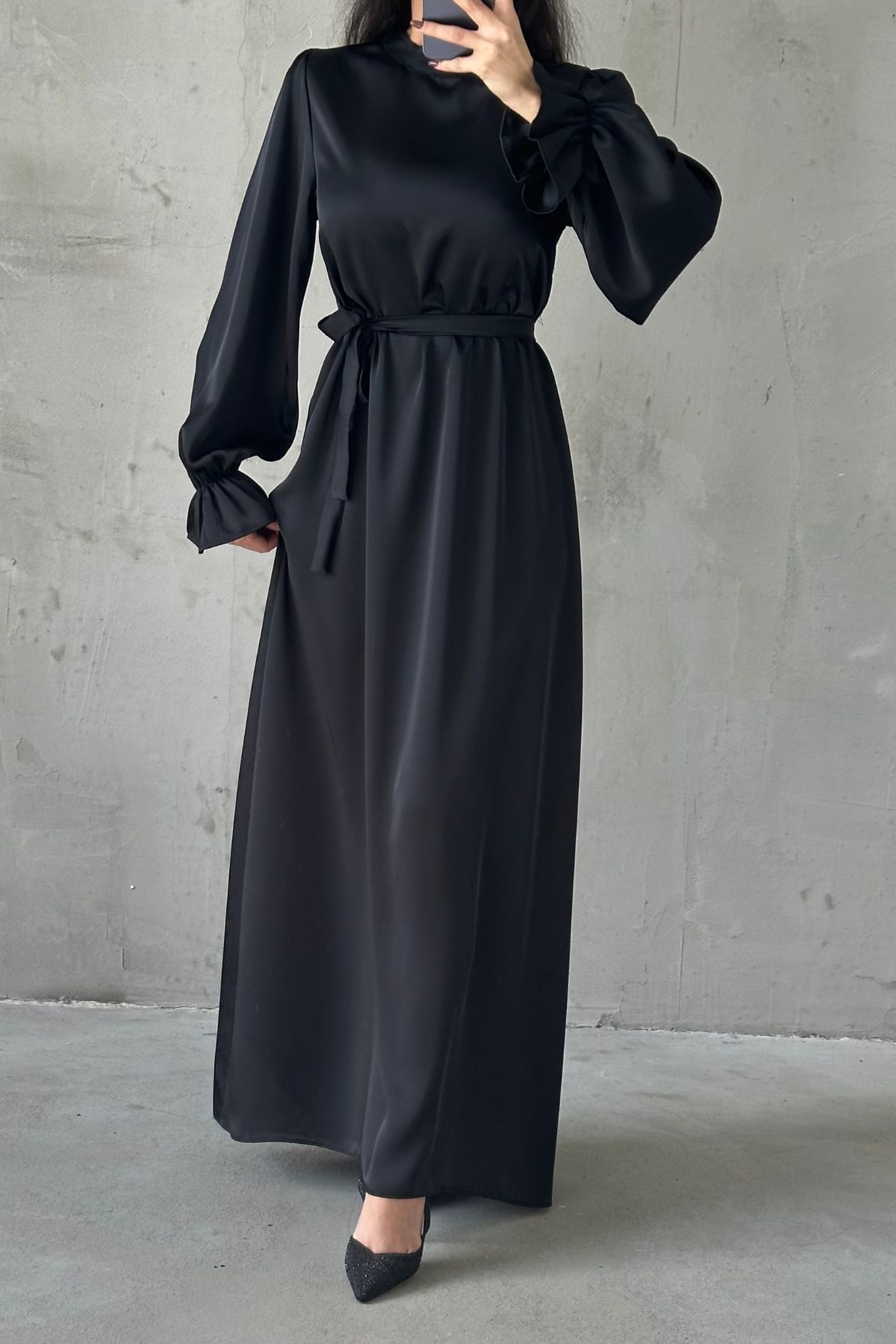 Satin Basic Belt Detailed Hijab Evening Dress Black