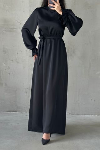 Satin Basic Belt Detailed Hijab Evening Dress Black