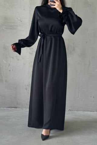 Satin Basic Belt Detailed Hijab Evening Dress Black