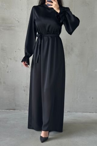 Satin Basic Belt Detailed Hijab Evening Dress Black