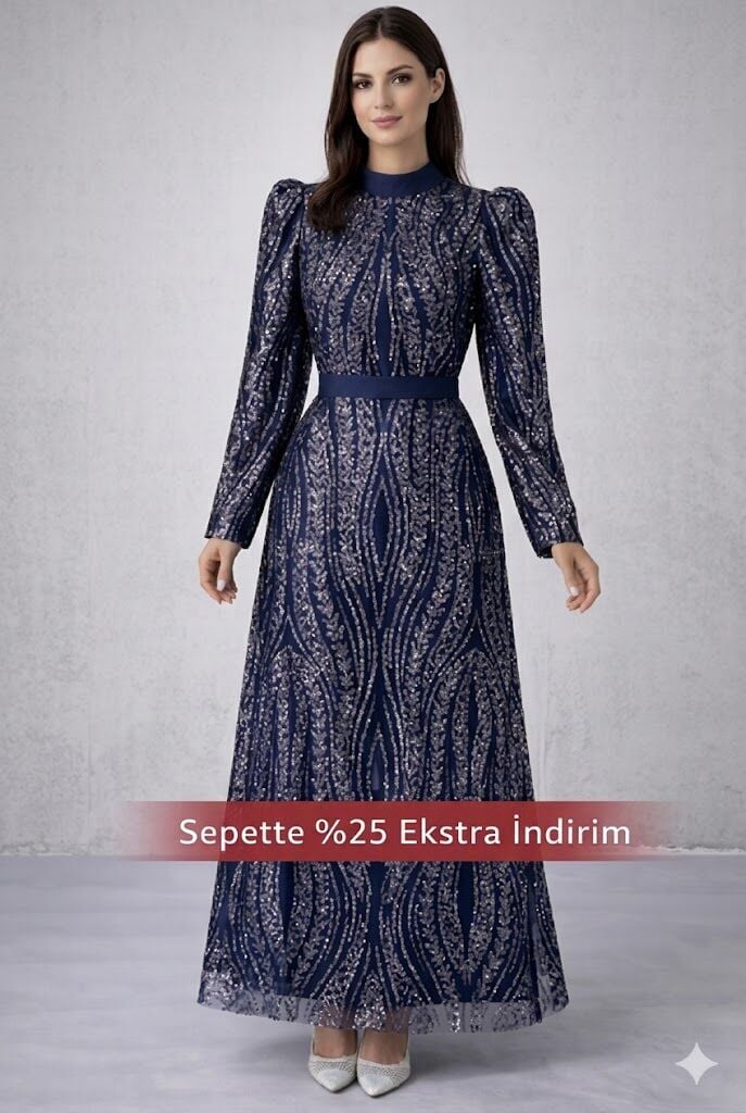 Zarif Pul İşlemeli Kemer Detaylı Tesettür Abiye Lacivert