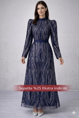 فستان سهرة أنيق مطرز بالترتر ومزين بالحجاب باللون الأزرق الداكن