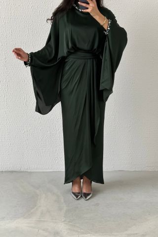 Eşsiz Tasarım Yarasa Model Saten Tesetür Abiye Koyu Yeşil
