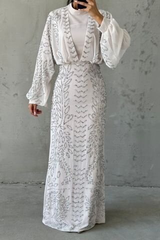Modern Design Chiffon Hijab Evening Dress Stone