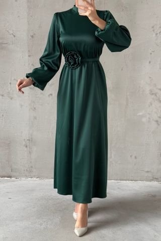 Satin Fabric Rose Detailed Hijab Evening Dress Green