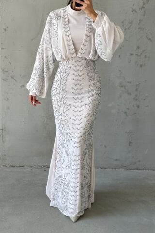 فستان سهرة شيفون بتصميم عصري مع حجاب حجري