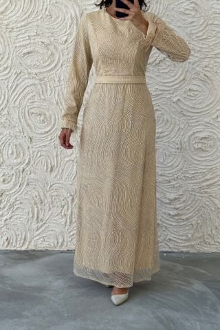 Stone Detailed Hijab Evening Dress with Feather Sleeves