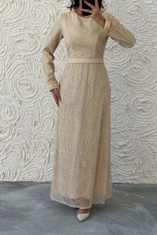 Stone Detailed Hijab Evening Dress with Feather Sleeves