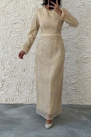 Stone Detailed Hijab Evening Dress with Feather Sleeves