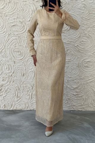 Stone Detailed Hijab Evening Dress with Feather Sleeves