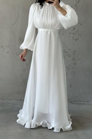 Pearl Flow Hijab Evening Dress White