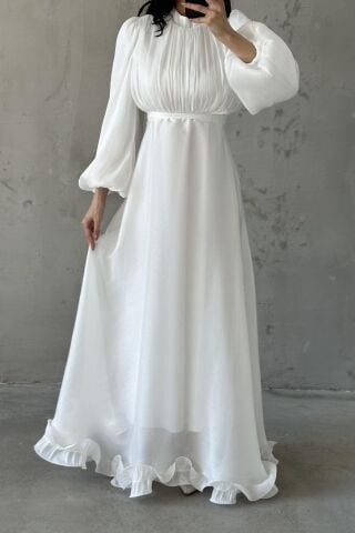 İnci Akış  Tesettür Abiye Beyaz