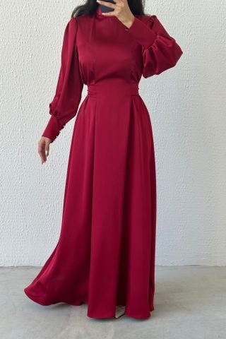 Sparkling Waist: Balloon Sleeve Satin Hijab Evening Dress Claret Red