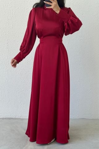 Sparkling Waist: Balloon Sleeve Satin Hijab Evening Dress Claret Red