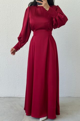 Sparkling Waist: Balloon Sleeve Satin Hijab Evening Dress Claret Red