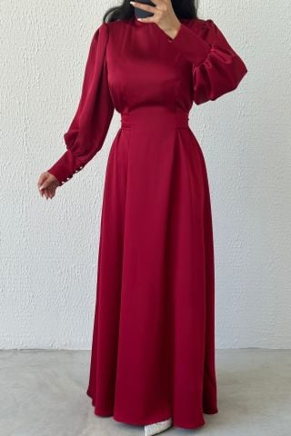 Işıltılı Bel: Balon Kollu Saten Tesettür Abiye Bordo
