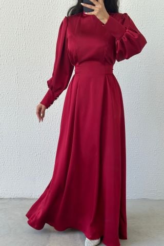 Işıltılı Bel: Balon Kollu Saten Tesettür Abiye Bordo
