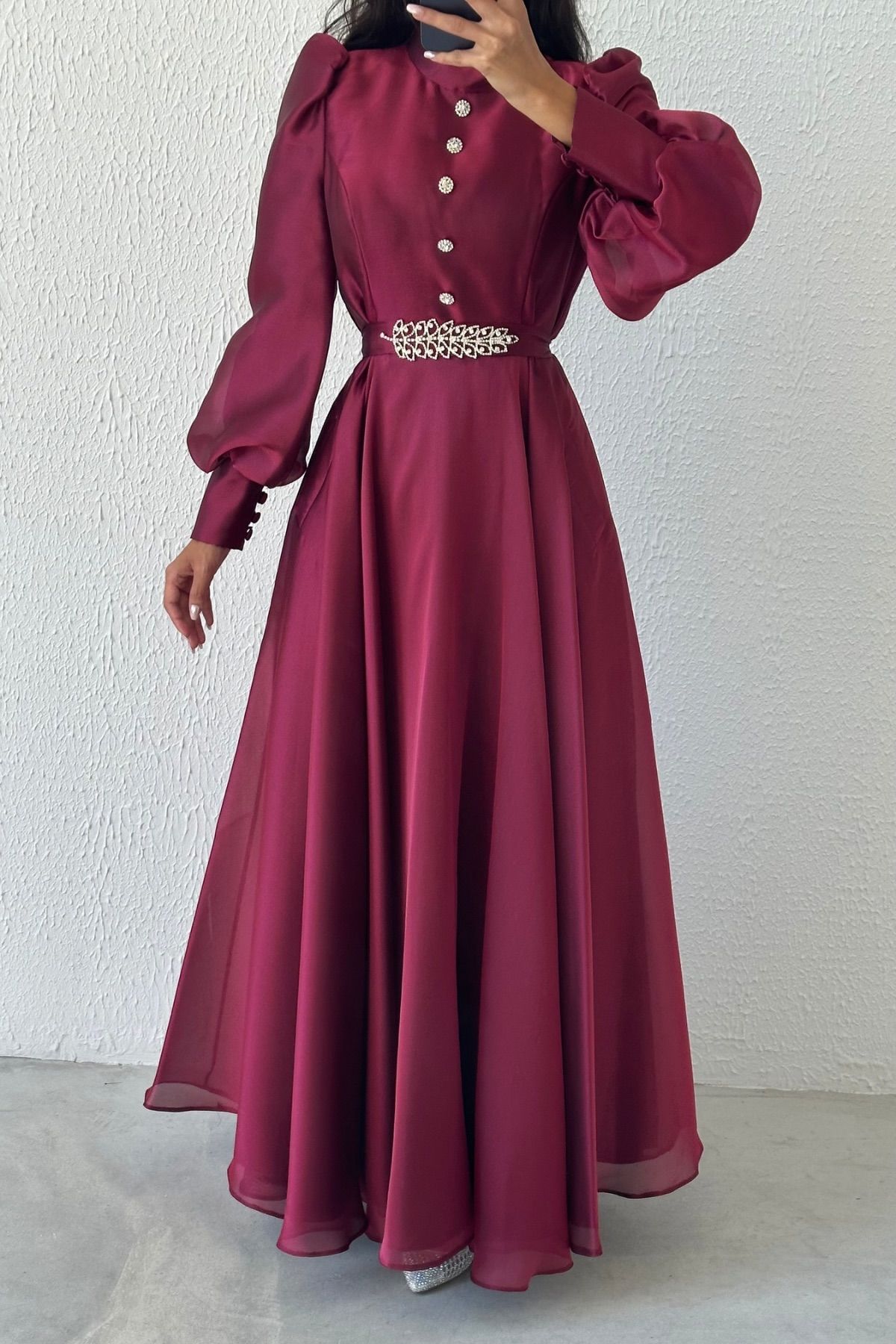 Zarif Taş Detaylı Organze Tesettür Abiye Mürdüm