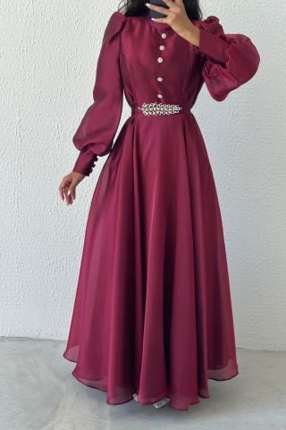 Zarif Taş Detaylı Organze Tesettür Abiye Mürdüm