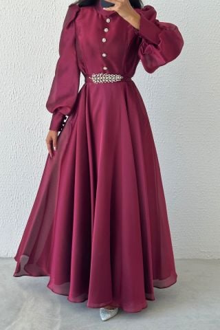 Zarif Taş Detaylı Organze Tesettür Abiye Mürdüm