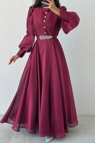 Zarif Taş Detaylı Organze Tesettür Abiye Mürdüm