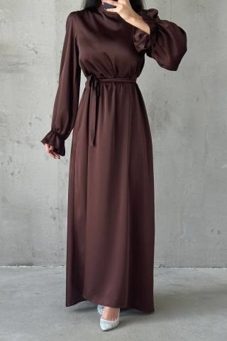 Saten Basic Kuşak Detaylı Tesettür Abiye Kahverengi