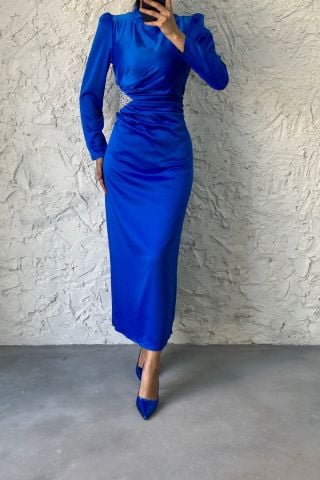 Beli Büzgülü Taş Detaylı Tesettür Abiye Saks Mavisi