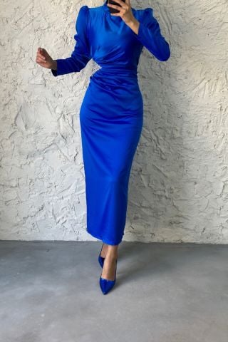 Beli Büzgülü Taş Detaylı Tesettür Abiye Saks Mavisi