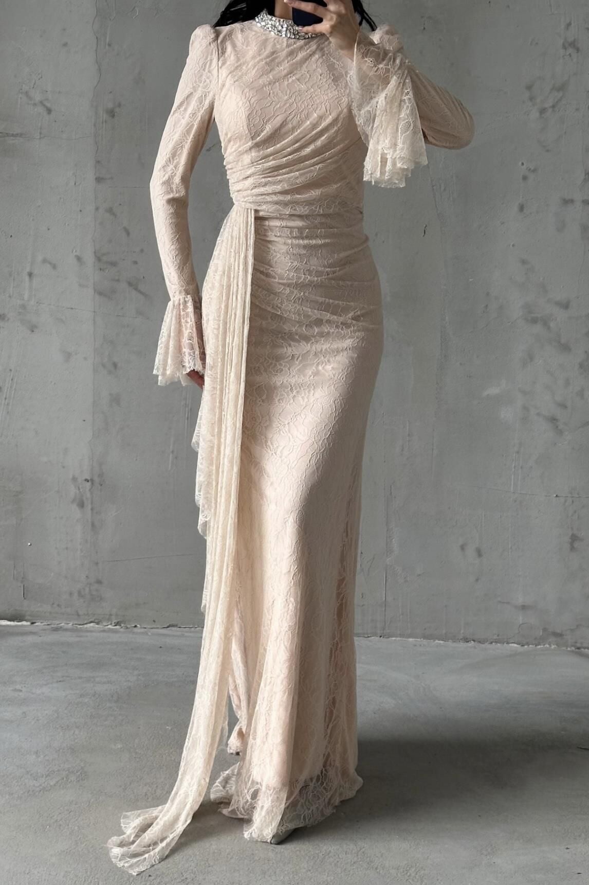 Lace Tesettür Abiye Krem