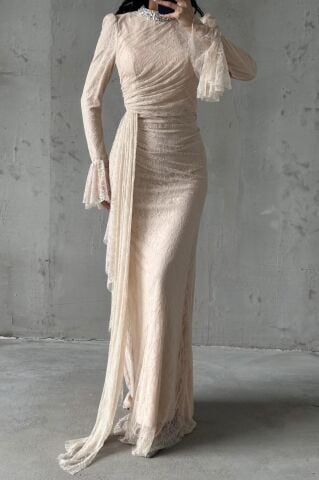 Lace Tesettür Abiye Krem