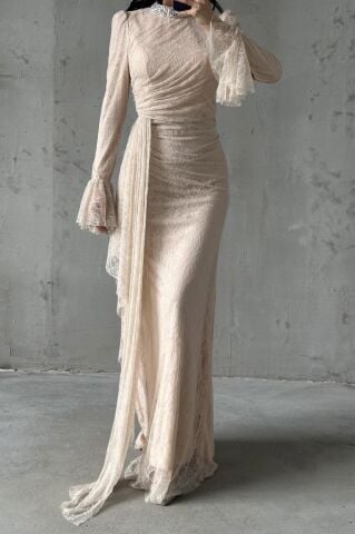 Lace Tesettür Abiye Krem