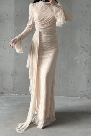 Lace Tesettür Abiye Krem