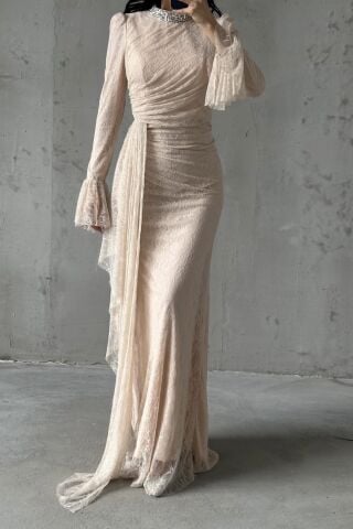 Lace Tesettür Abiye Krem