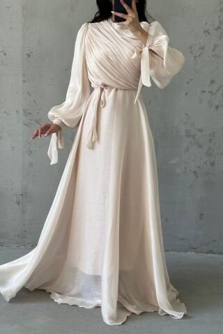 Drapeli Kuşak Detaylı Janjan Kumaş Tesettür Abiye Krem