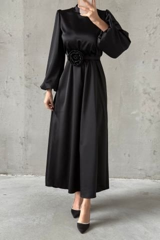 Satin Fabric Rose Detailed Hijab Evening Dress Black