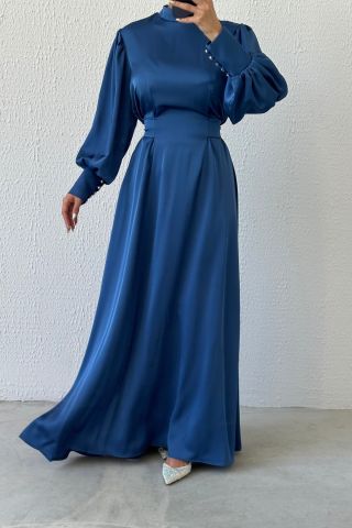 Işıltılı Bel: Balon Kollu Saten Tesettür Abiye İndigo