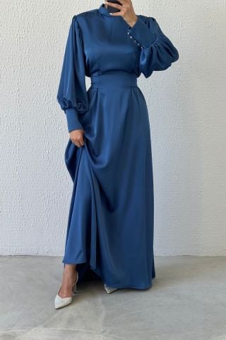 Işıltılı Bel: Balon Kollu Saten Tesettür Abiye İndigo