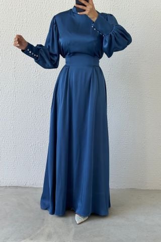 Işıltılı Bel: Balon Kollu Saten Tesettür Abiye İndigo