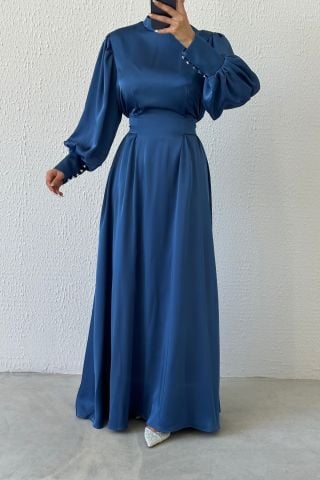 Işıltılı Bel: Balon Kollu Saten Tesettür Abiye İndigo
