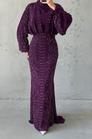 Modern Tasarım Şifon Tesettür Abiye Mor