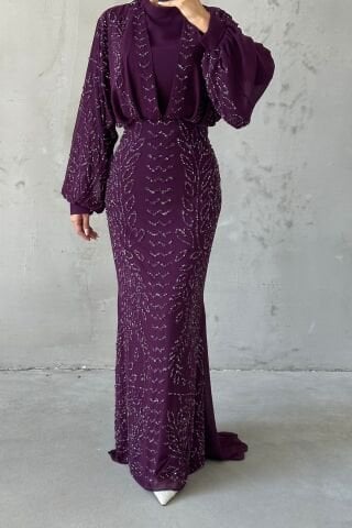 Modern Tasarım Şifon Tesettür Abiye Mor